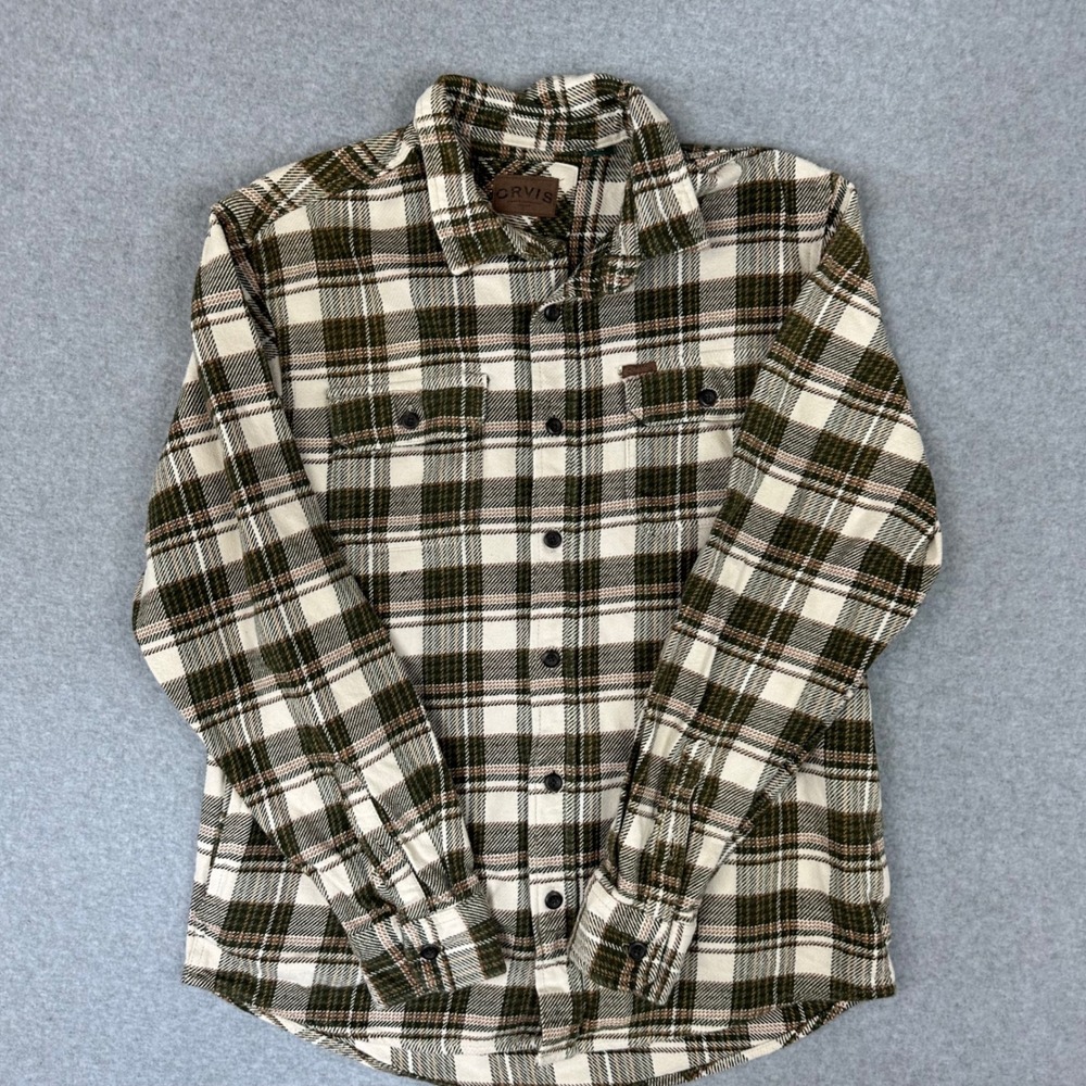 Orvis Mens Large Green Plaid Flannel Button Down‎ Shirt Side Pocket Long Sleeve